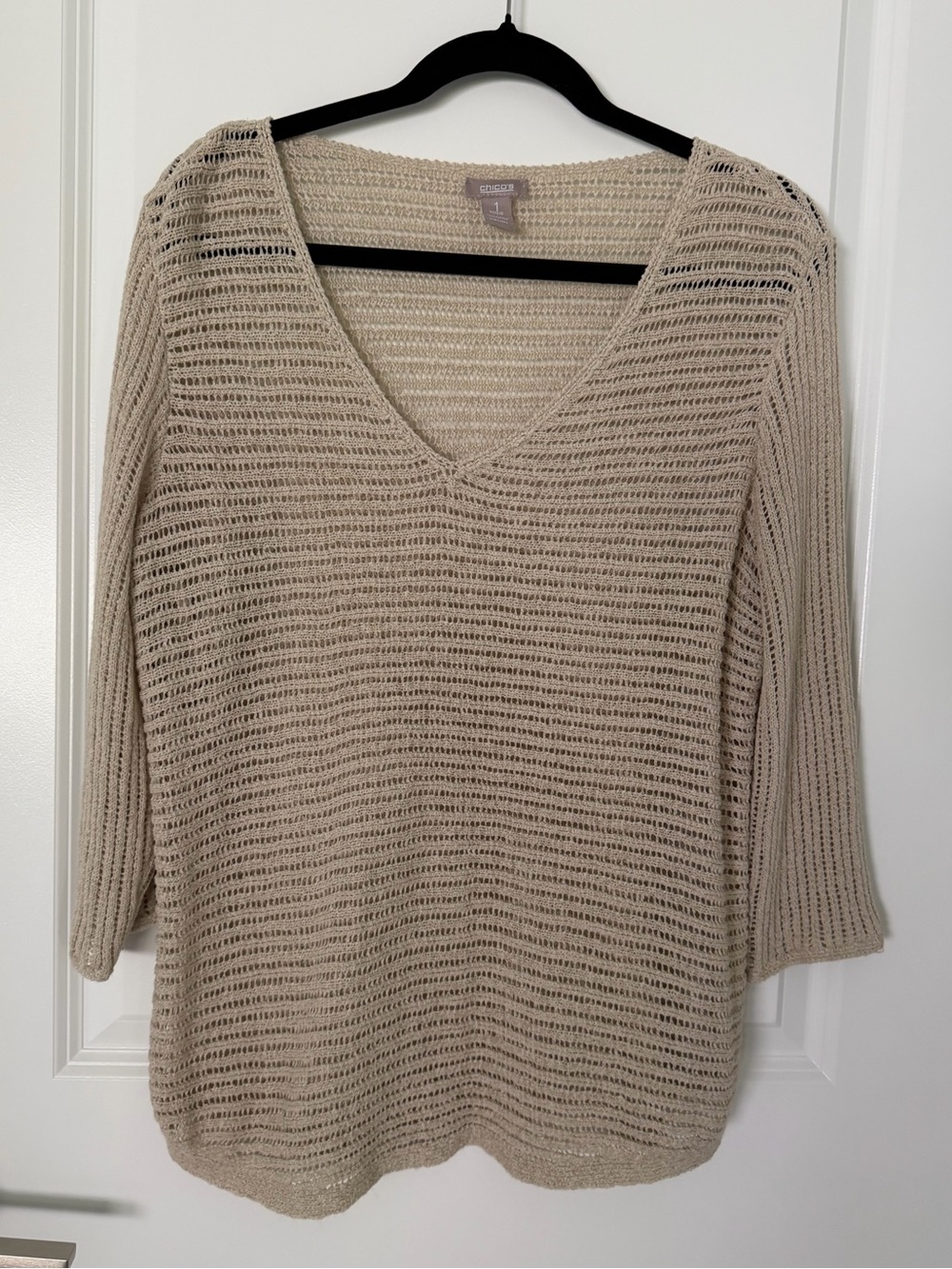 Chico’s Beige Lightweight Mesh Open Knit Sweater Size 1
